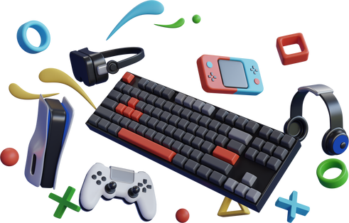 Gaming Keyboard 3D Model Rendering. Flying gamer gears like mouse, keyboard, joystick, headset, VR Headset , gamepad.  Gaming Keyboard hanging with gaming equipment. 3d rendering