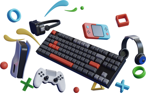 Gaming Keyboard 3D Model Rendering. Flying gamer gears like mouse, keyboard, joystick, headset, VR Headset , gamepad.  Gaming Keyboard hanging with gaming equipment. 3d rendering