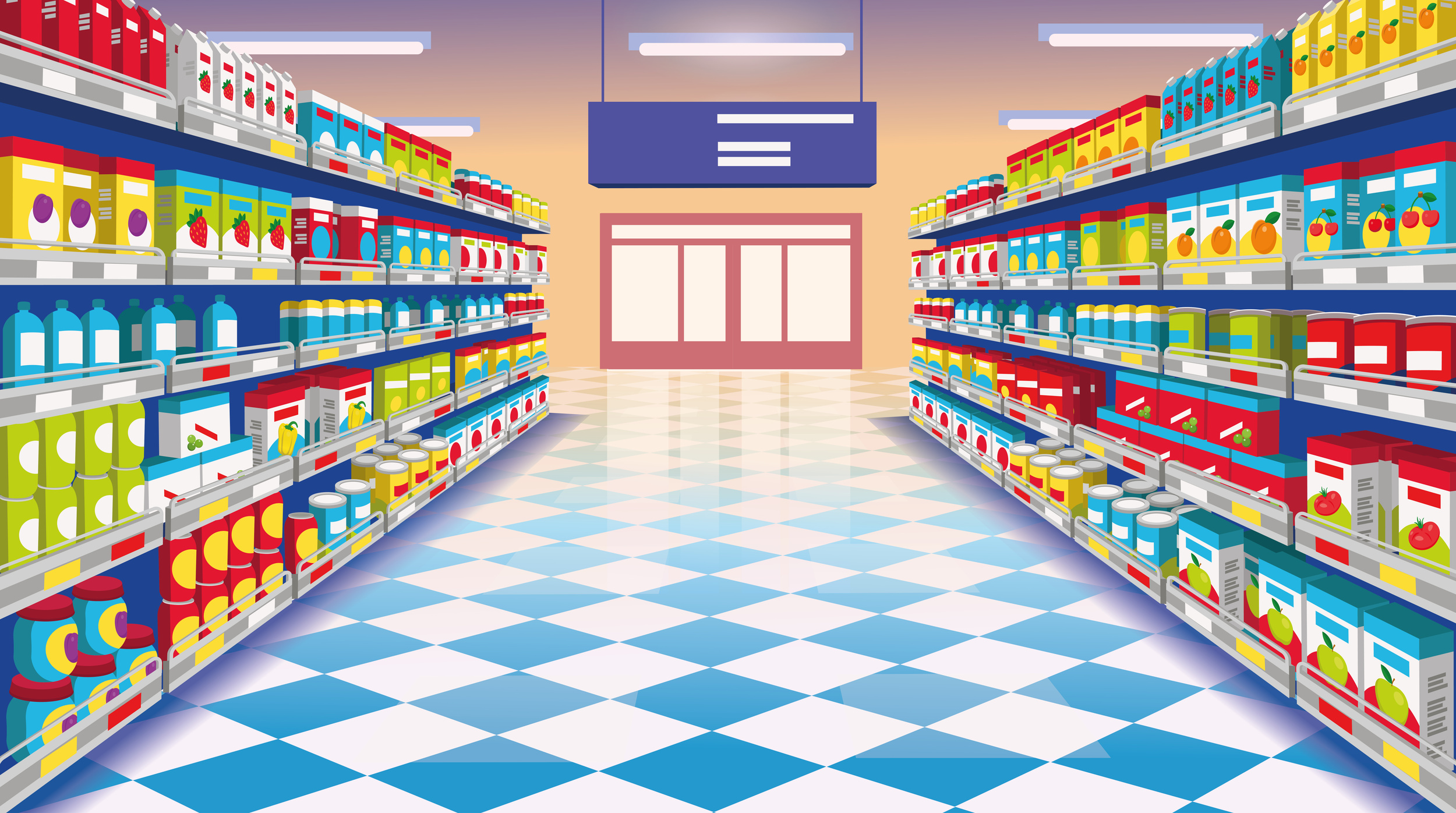 Perspective view of supermarket aisle. Supermarket